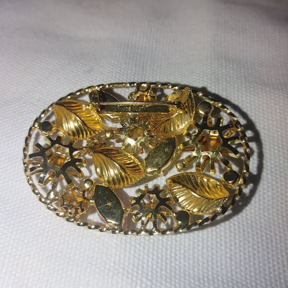 Austria Gold-Tone Rhinestone Floral Brooch Clip On Earrings Set Vintage Stamped - Picture 11 of 11